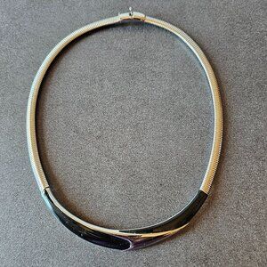 Vintage Monet Necklace - Silver Toned Black Enamel Choker Costume Jewelry